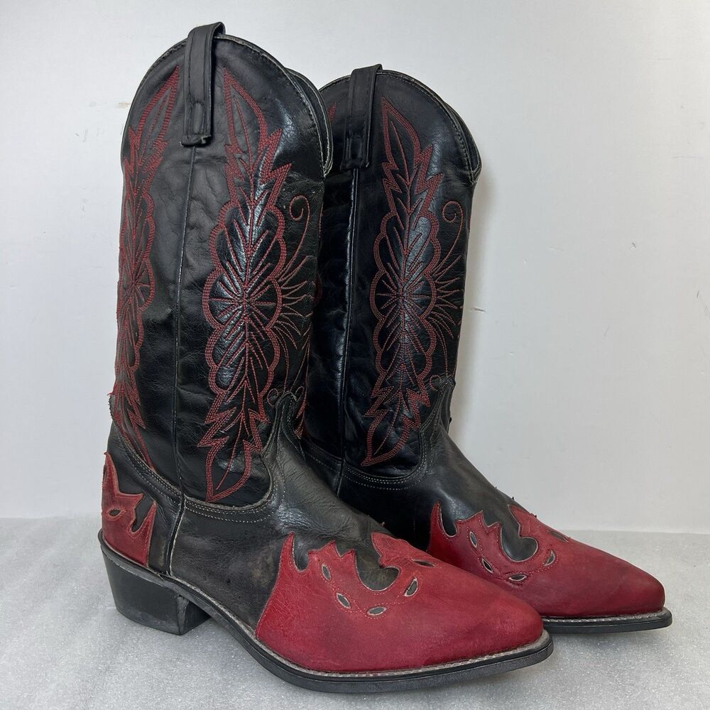 VTG Sheplers Black Red Leather Cowboy Boots Mens Mismatched Size 9.5D 10D READ